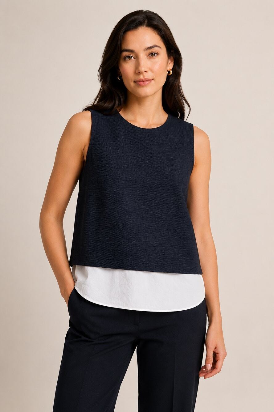 Theory Textured Layered Shell Top Navy White Size P